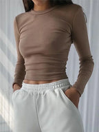 O Neck Long Sleeve Ribbed Cropped T shirt Brown / S