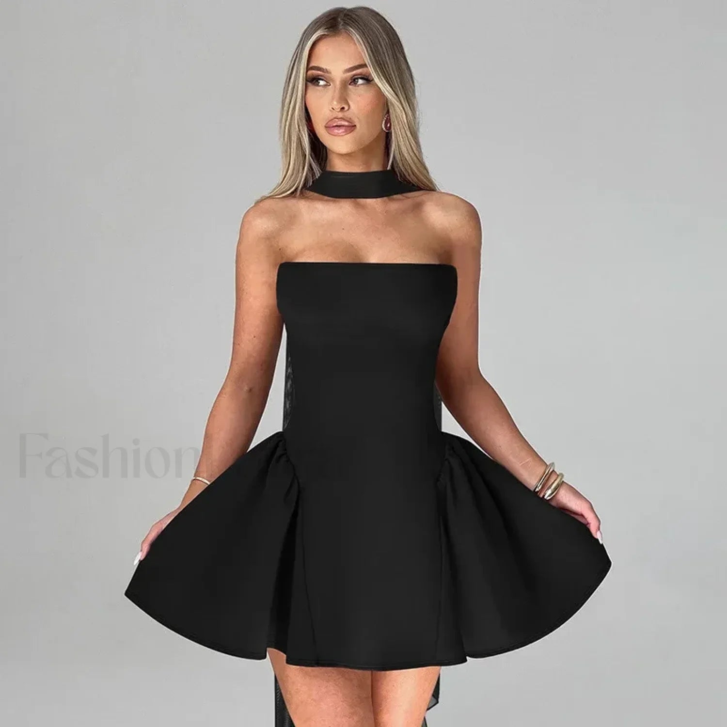 Off Shoulder A Line Mini Dress black / S