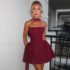 Off Shoulder A Line Mini Dress Wine / S