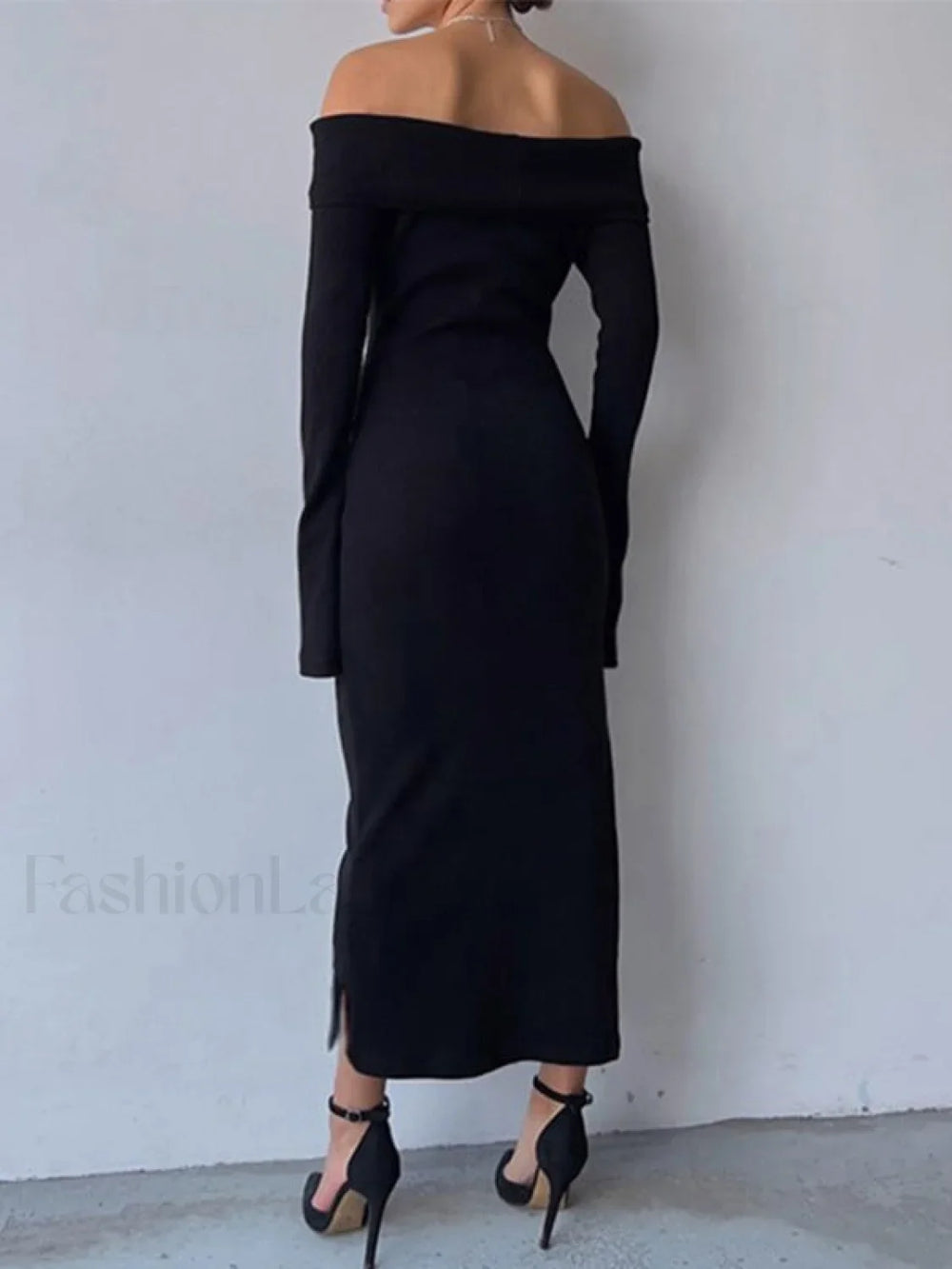 Off Shoulder Black Long Sleeve Knitted Maxi Dress Maxi Dresses
