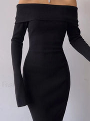 Off Shoulder Black Long Sleeve Knitted Maxi Dress Maxi Dresses