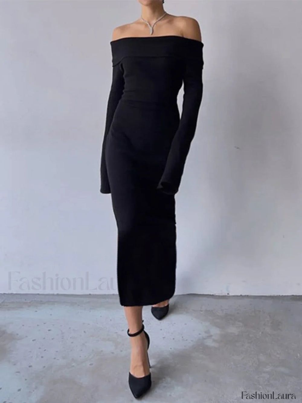 Off Shoulder Black Long Sleeve Knitted Maxi Dress Maxi Dresses
