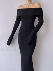 Off Shoulder Black Long Sleeve Knitted Maxi Dress Black / S Maxi Dresses