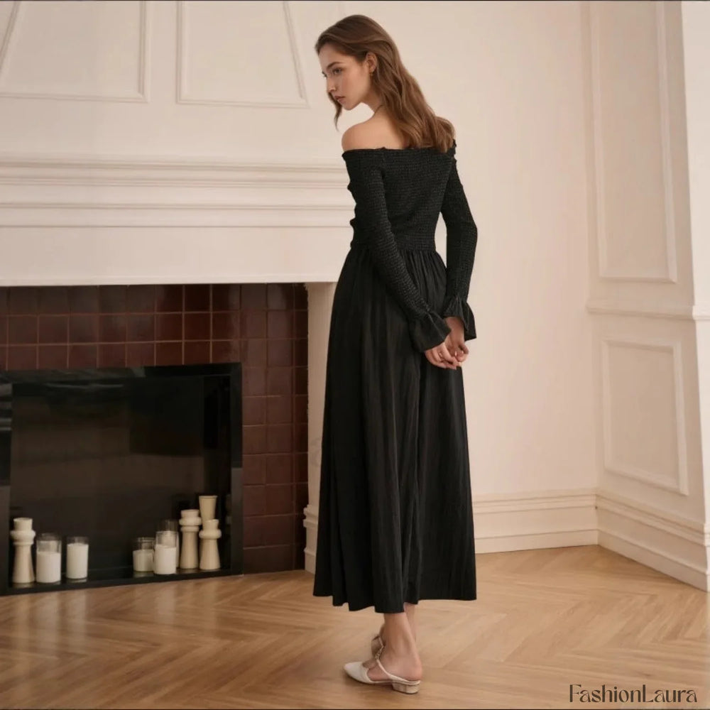 Off Shoulder Curved Horn Sleeve Flared Maxi Dress