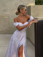 Off Shoulder Floral Print Slit Dress Slim Fit Sexy Evening Floral Dress