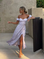 Off Shoulder Floral Print Slit Dress Slim Fit Sexy Evening Floral Dress