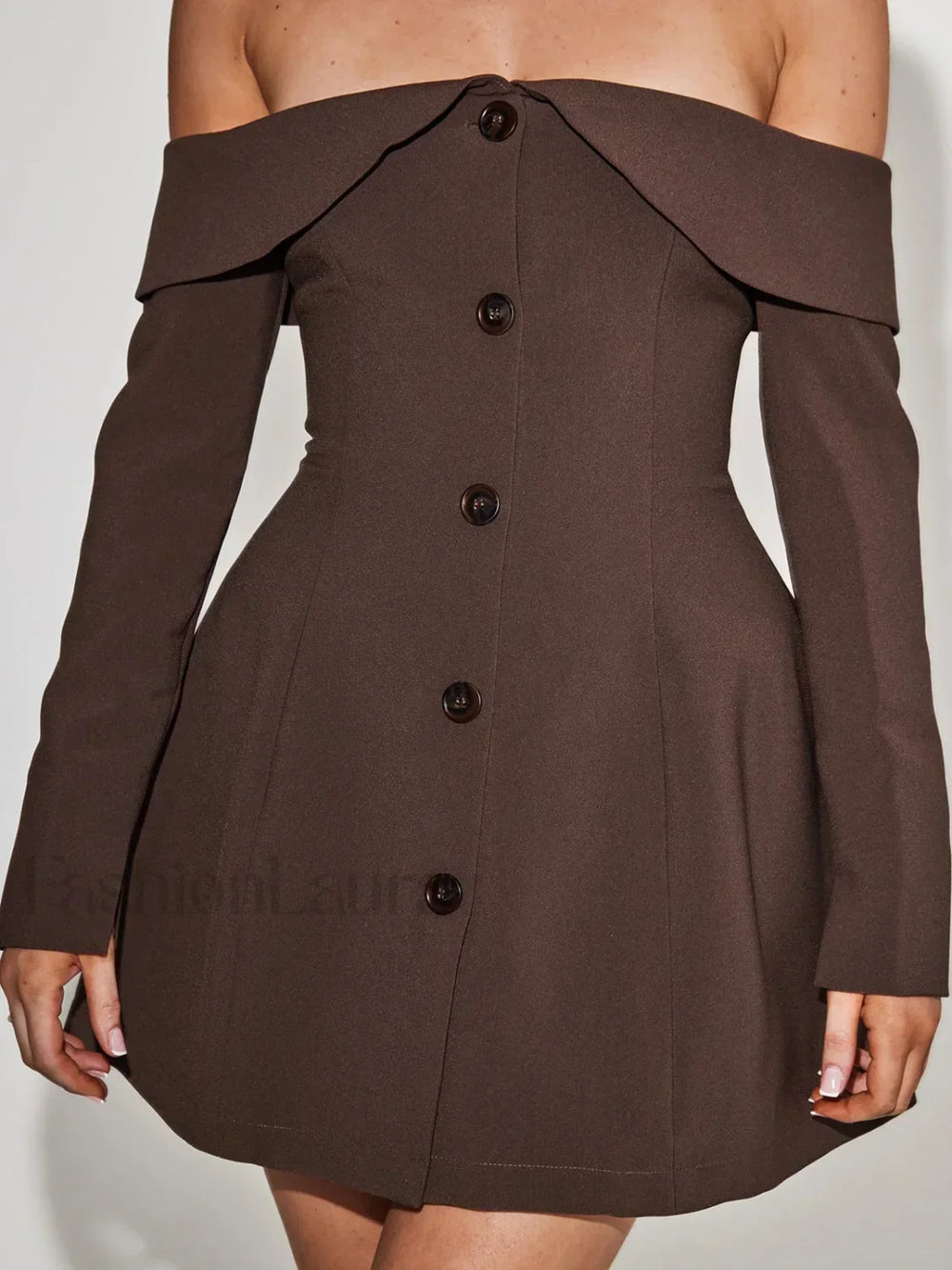 Off Shoulder Long Sleeve Modern Button Zip Mini Dress Dresses