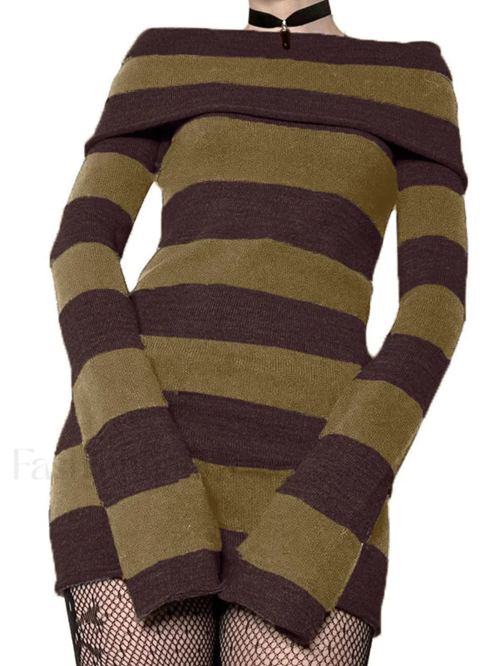 Off Shoulder Long Sleeve Striped Knit Mini Dress Mini Dresses