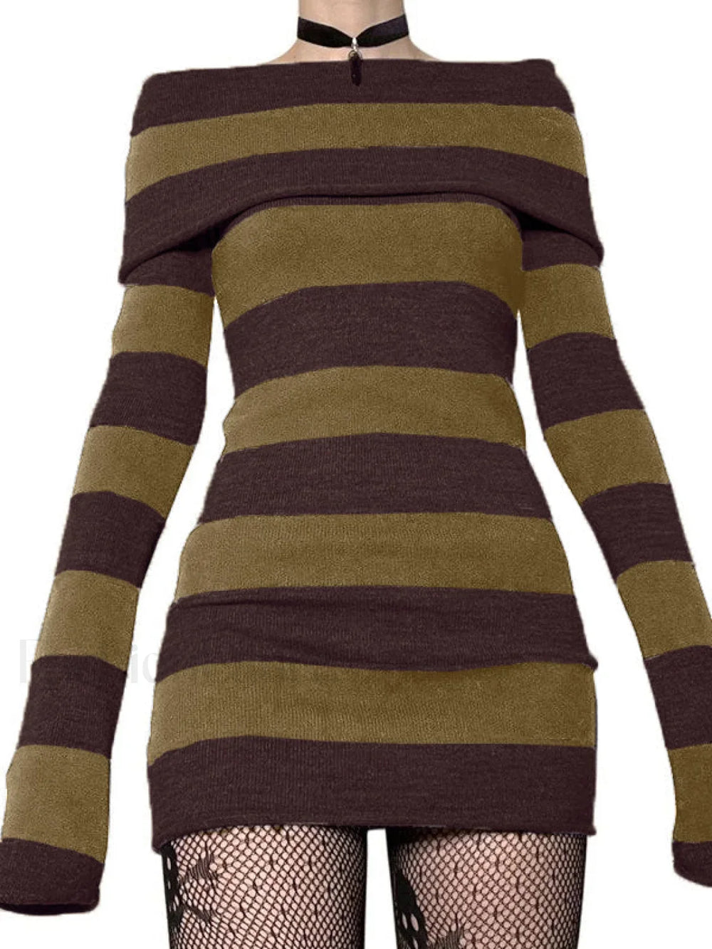 Off Shoulder Long Sleeve Striped Knit Mini Dress Mini Dresses