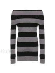Off Shoulder Long Sleeve Striped Knit Mini Dress Mini Dresses