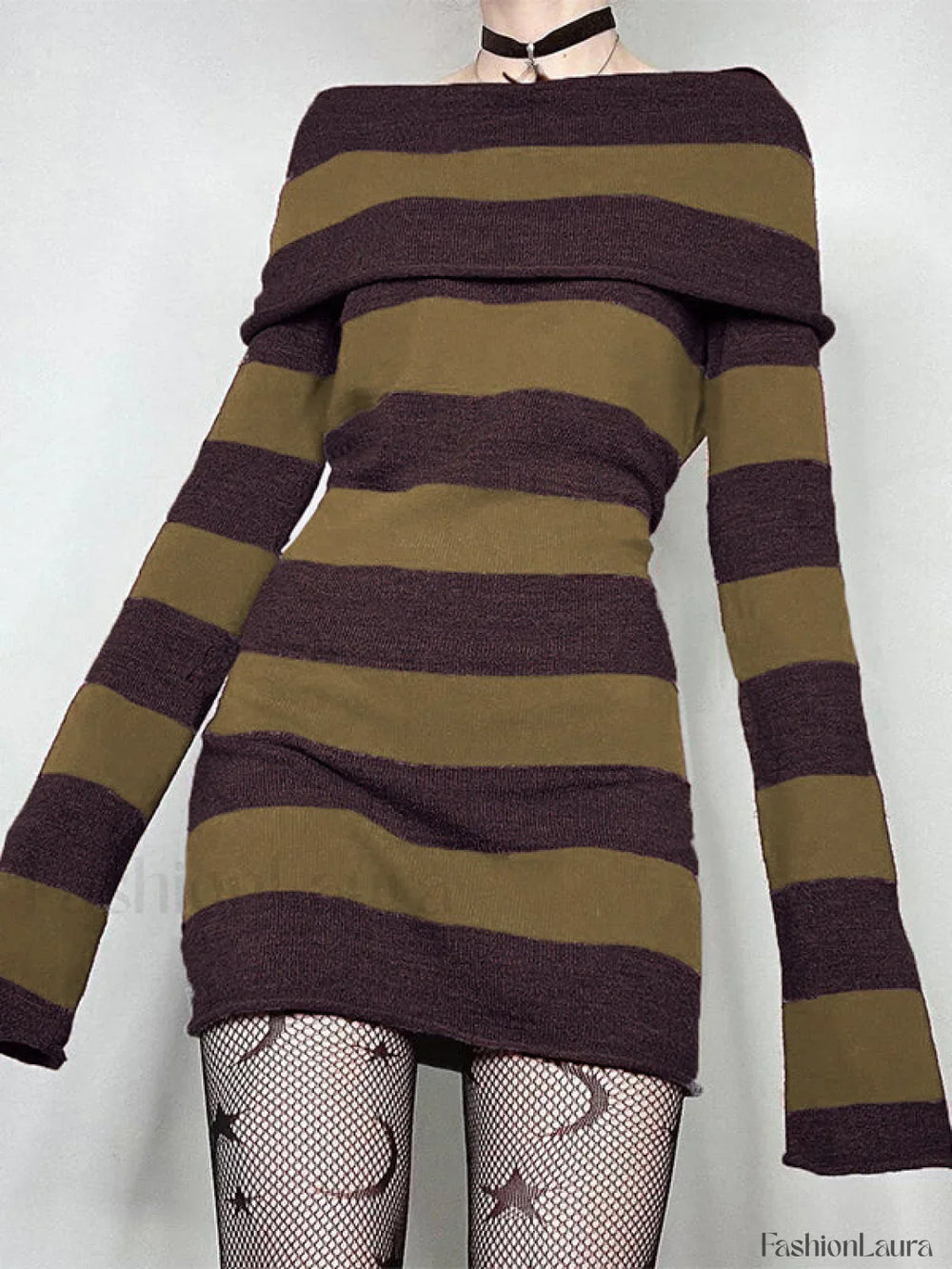 Off Shoulder Long Sleeve Striped Knit Mini Dress Mini Dresses