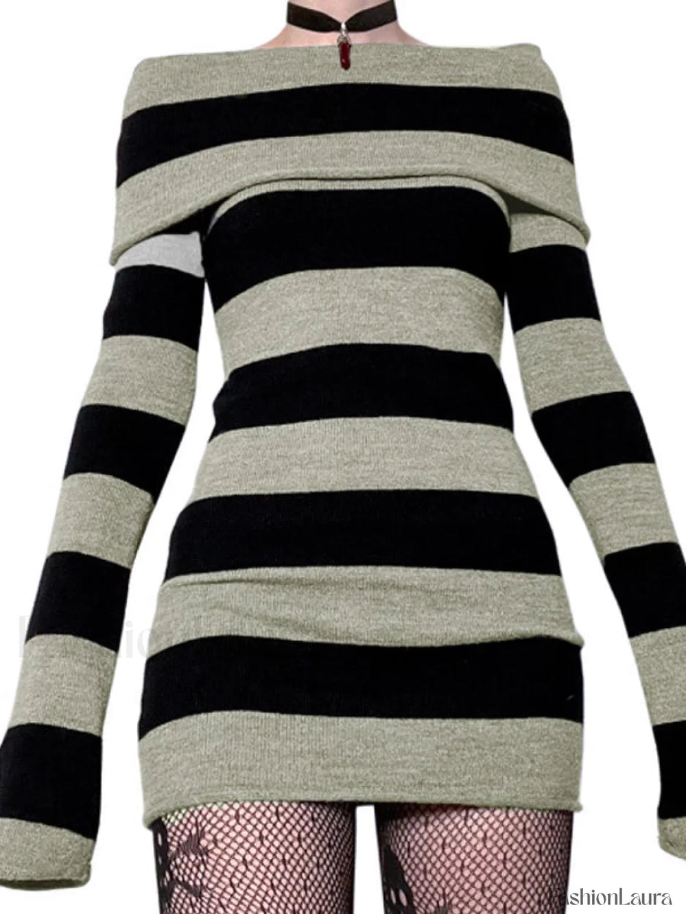 Off Shoulder Long Sleeve Striped Knit Mini Dress Mini Dresses