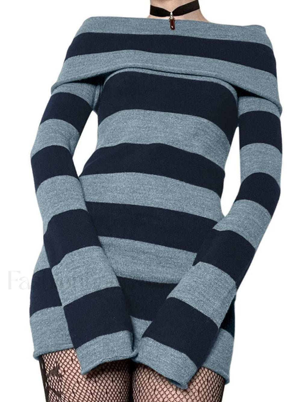 Off Shoulder Long Sleeve Striped Knit Mini Dress Mini Dresses