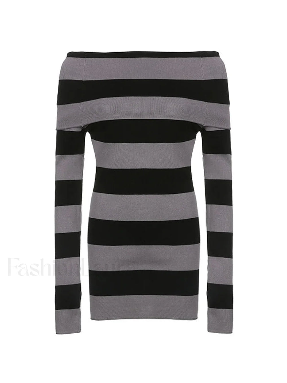 Off Shoulder Long Sleeve Striped Knit Mini Dress Mini Dresses