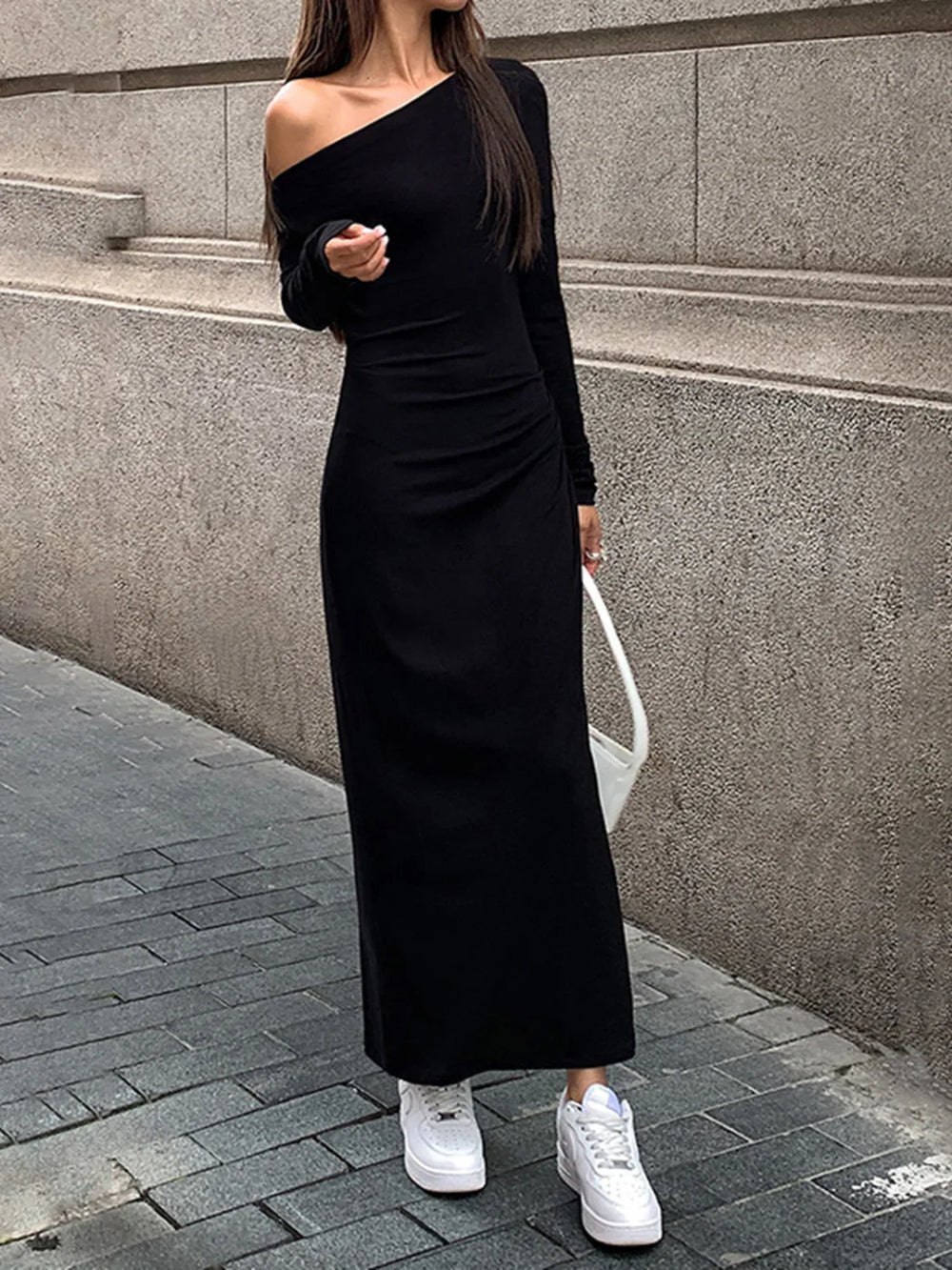 Off Shoulder Ribbed Long Modern Sleeve Knit Long Dress Dresses