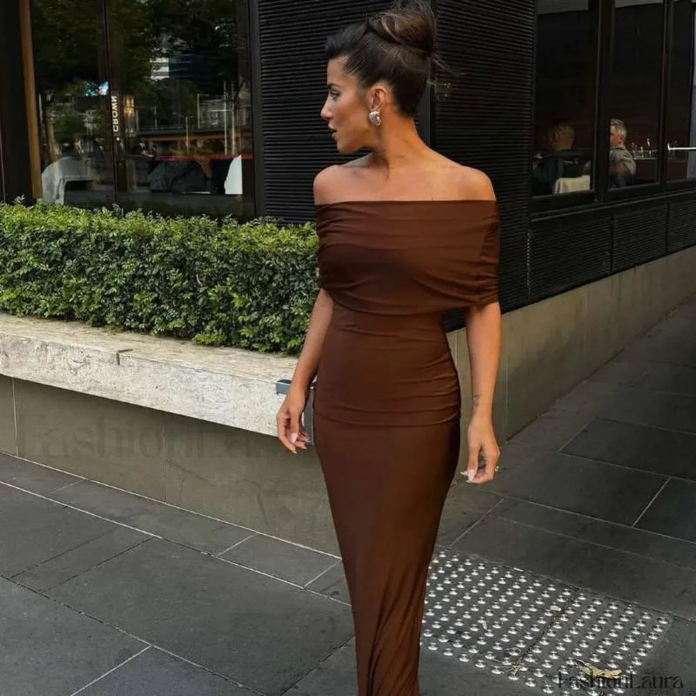 Off Shoulder Ruched Maxi Dress Brown / S