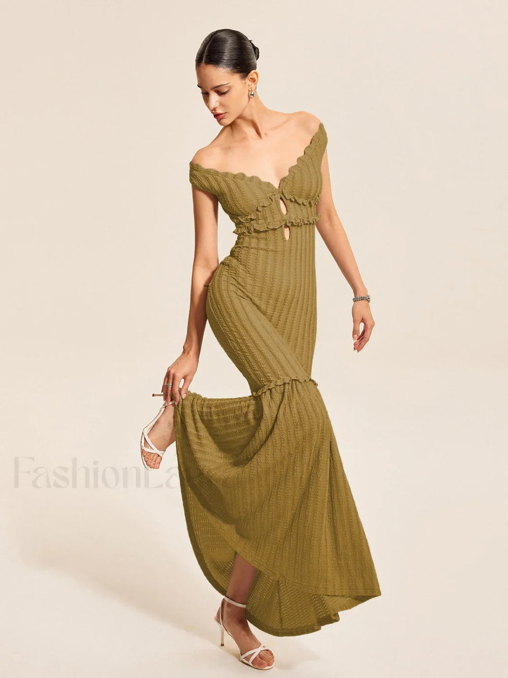 Off Shoulder Ruffle Detail Dress Brown / XS Dresses