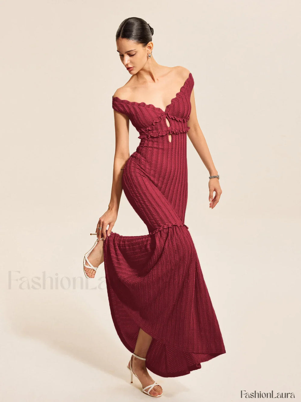 Off Shoulder Ruffle Detail Dress Red / XS Dresses