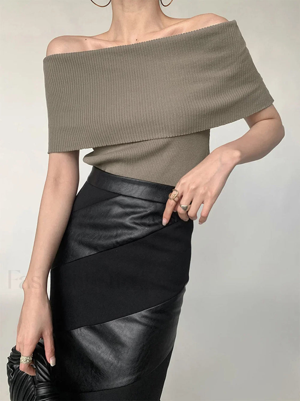 Off Shoulder Stretch Graceful Knit Top Sweaters L