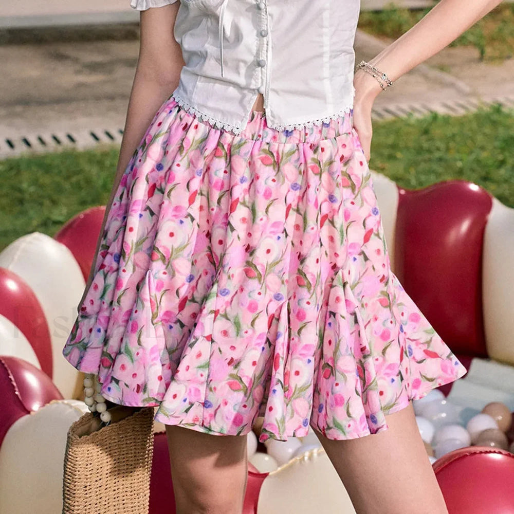 Oil Painting Floral High Waist Skirt