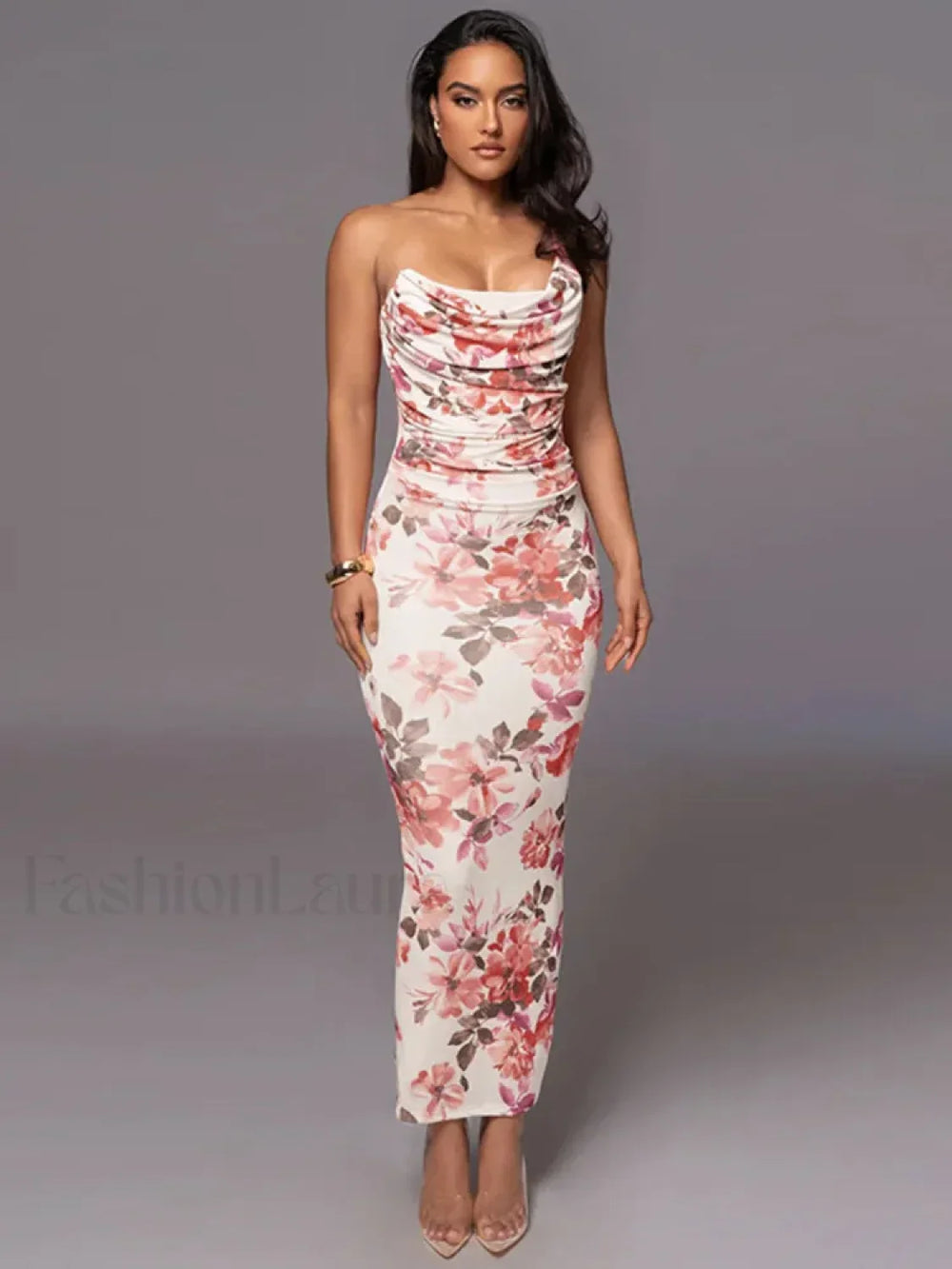 One Shoulder Bodycon Floral Dress Pink / S