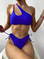 One Shoulder Cut Out String Bikini Set Blue / S