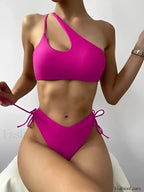 One Shoulder Cut Out String Bikini Set Hot Pink / S