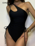 One Shoulder Hollow Out Lace Up One Piece