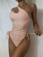 One Shoulder Hollow Out Lace Up One Piece
