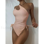 One Shoulder Hollow Out Lace Up One Piece Pink / S