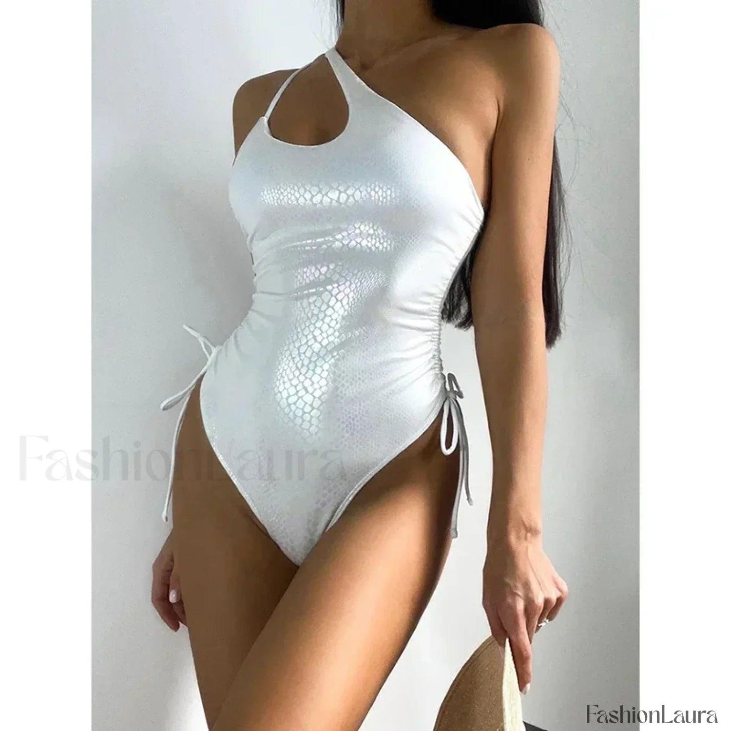 One Shoulder Hollow Out Lace Up One Piece WHITE / S