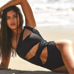 One Shoulder Hollow Out Solid One Piece Black / S