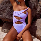 One Shoulder Hollow Out Solid One Piece PURPLE / S