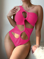 One Shoulder Hollow Push Up One Piece Pink / S