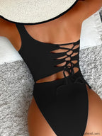 One Shoulder Lace Up Asymmetric One Piece black / S