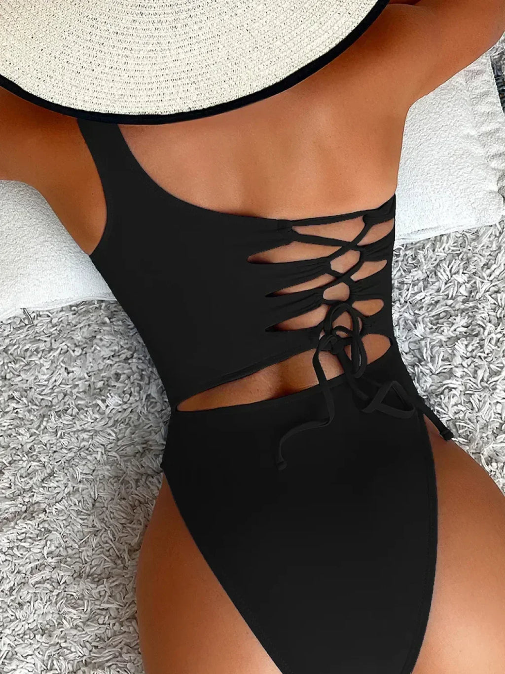 One Shoulder Lace Up Asymmetric One Piece black / S