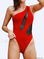 One Shoulder Mesh Backless One Piece Red / S