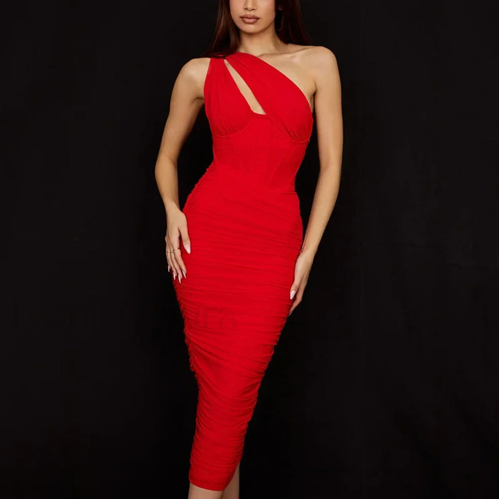 One Shoulder Mesh Midi Dress Red / Xs