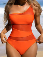 One Shoulder Mesh Orange One Piece