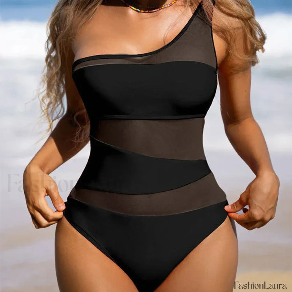 One Shoulder Mesh Orange One Piece Black / S