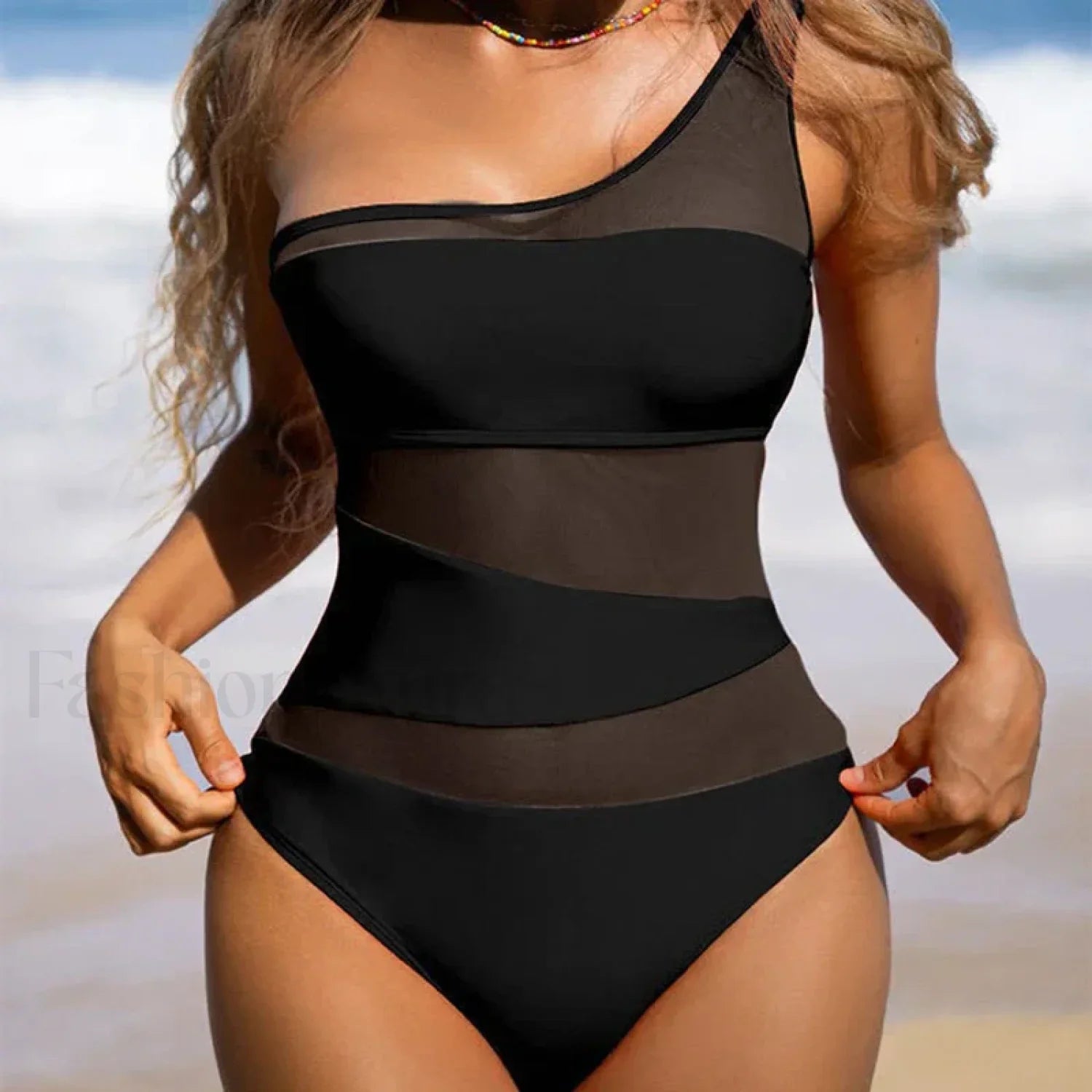 One Shoulder Mesh Orange One Piece Black / S