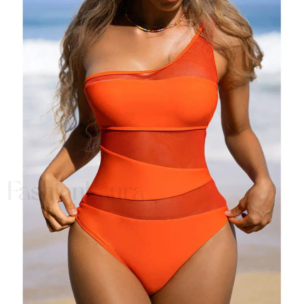 One Shoulder Mesh Orange One Piece Orange / S