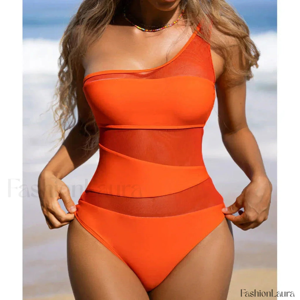 One Shoulder Mesh Orange One Piece Orange / S