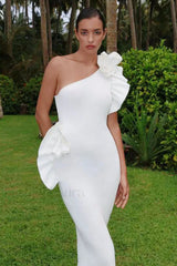 One Shoulder Ruffled Floral Knit Maxi Dress