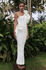 One Shoulder Ruffled Floral Knit Maxi Dress White / S