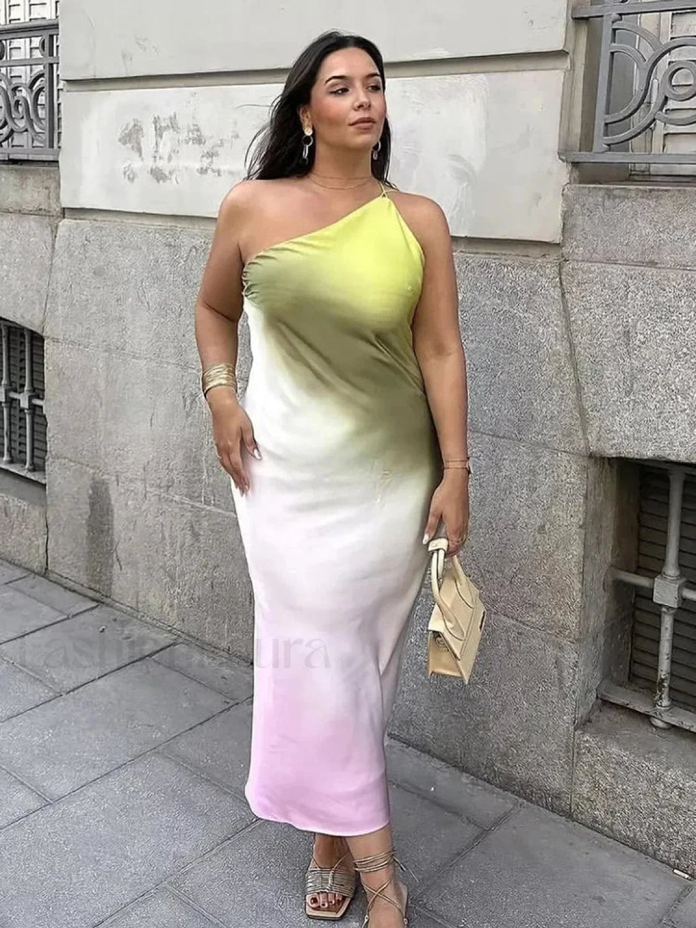 One Shoulder Satin Tie Dye Maxi Dress