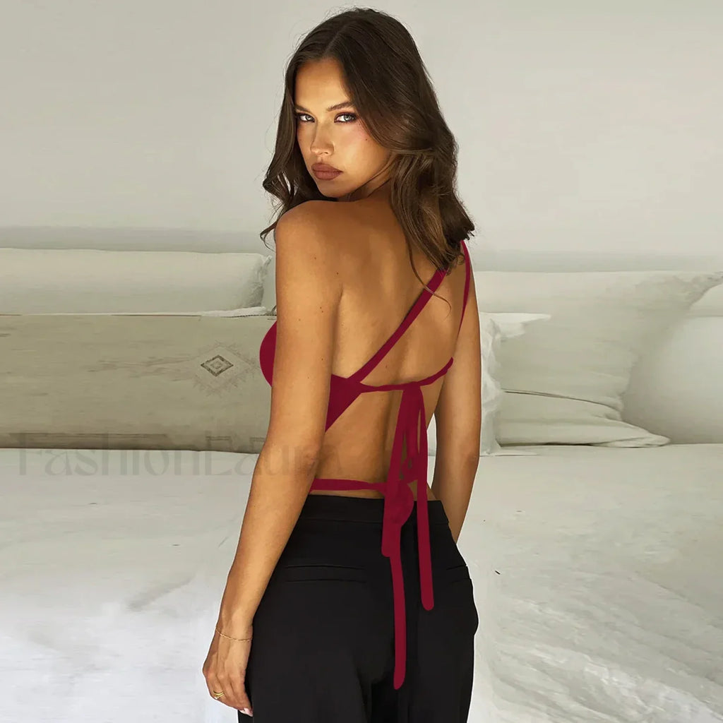 One Shoulder Solid Color Lace Up Irregular Short Crop Top