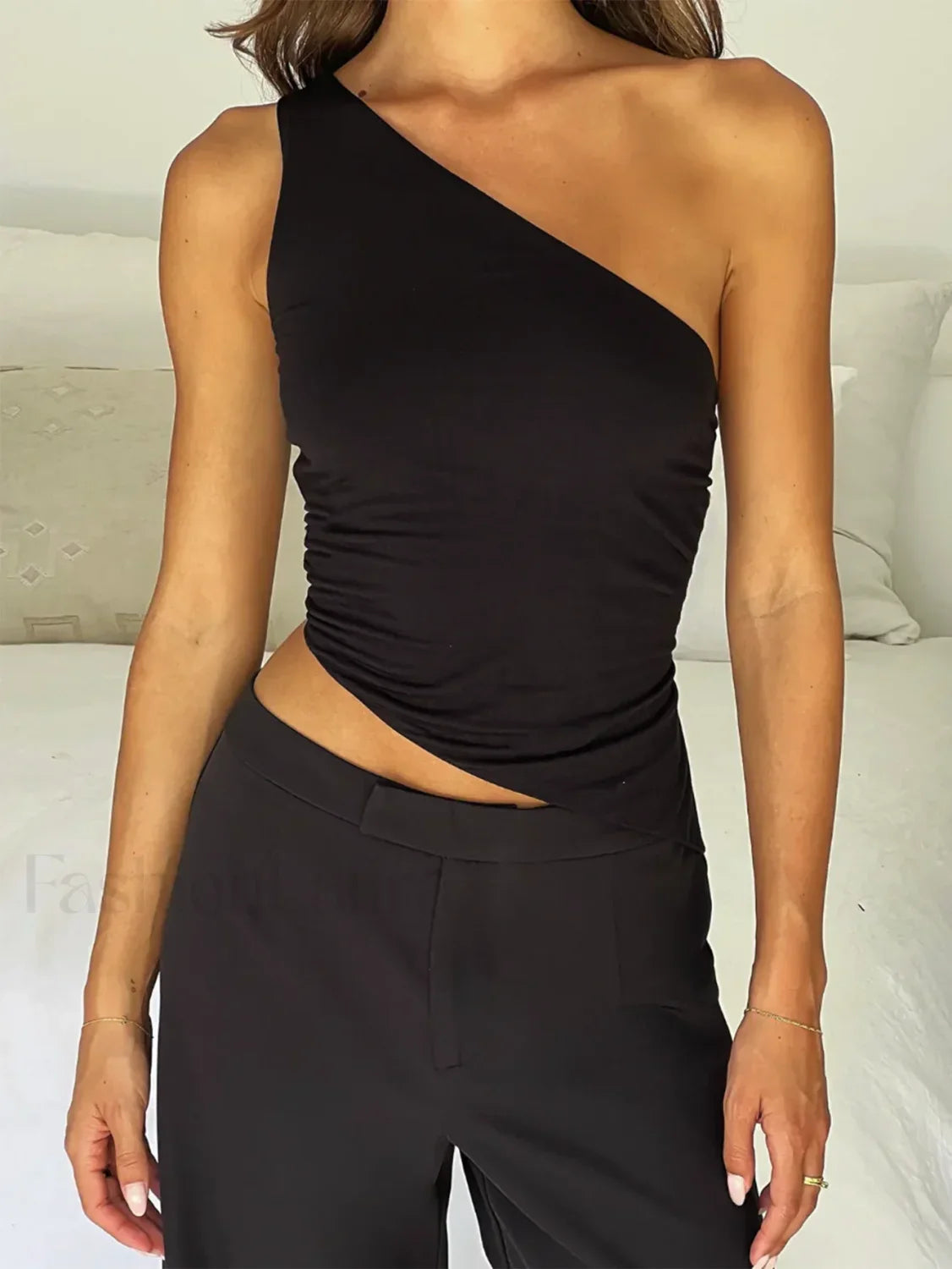 One Shoulder Solid Color Lace Up Irregular Short Crop Top