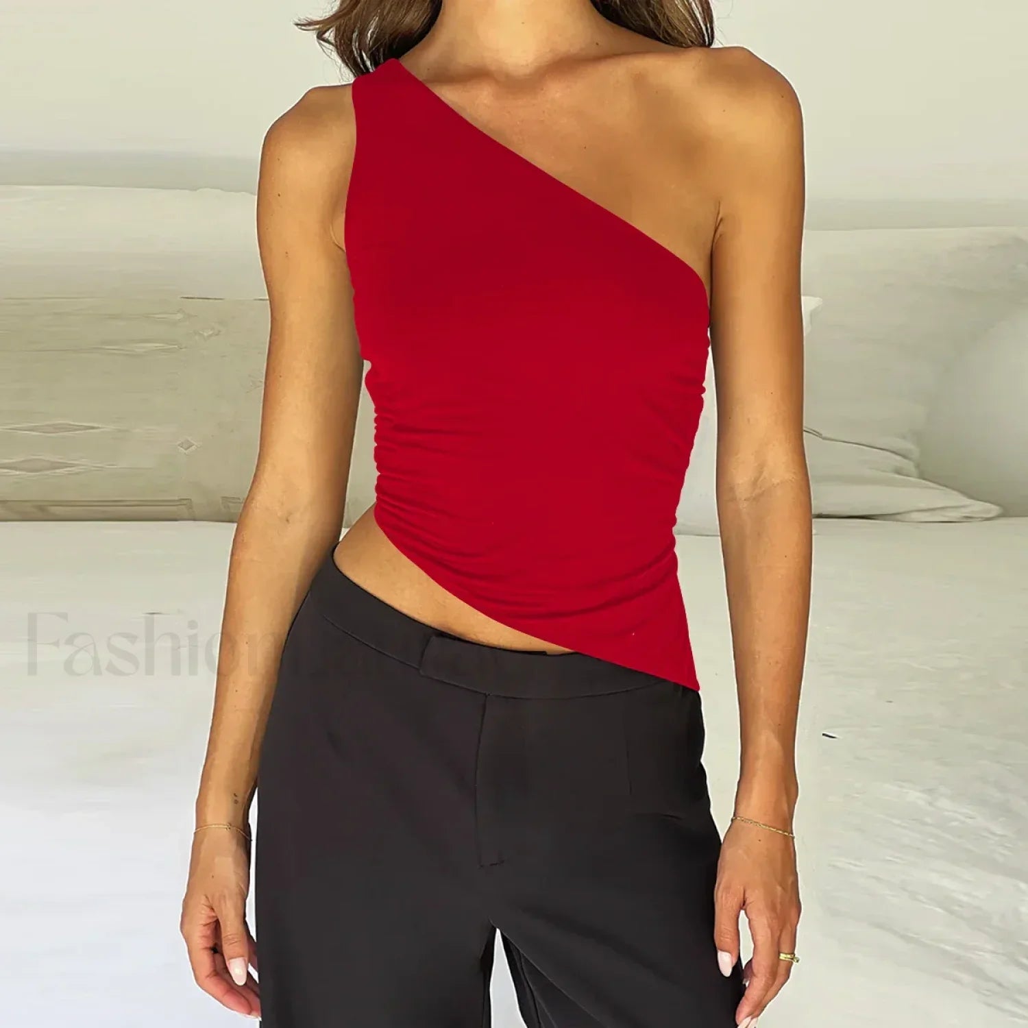 One Shoulder Solid Color Lace Up Irregular Short Crop Top red1 / S