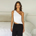 One Shoulder Solid Color Lace Up Irregular Short Crop Top white / S